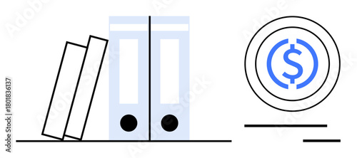 Stack of books, two file folders, and a coin with a dollar sign representing finance, organization, and bookkeeping. Ideal for accounting, budgeting, record-keeping, business management financial
