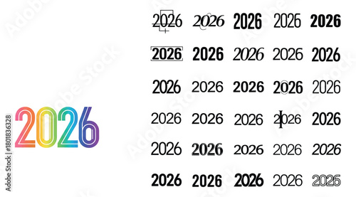 Collection of the year 2026 in various fonts and styles, including a colorful gradient text and multiple instances of the number in different typographies, isolated on