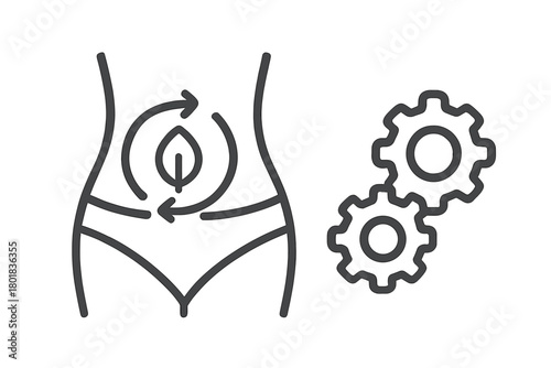 Human body metabolism and digestive system function with natural leaf symbol and mechanical gears
