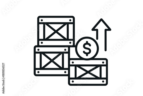 Stacked shipping crates with dollar coin and upward arrow symbolizing financial growth