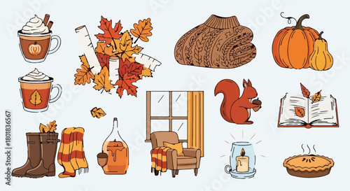 Cozy Autumn Fall vector design elements set with pumpkin spice latte, leaves, sweater, and pie isolated on Transparent Background