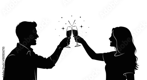 Silhouette of a man and a woman toasting with champagne glasses, celebrating an event.