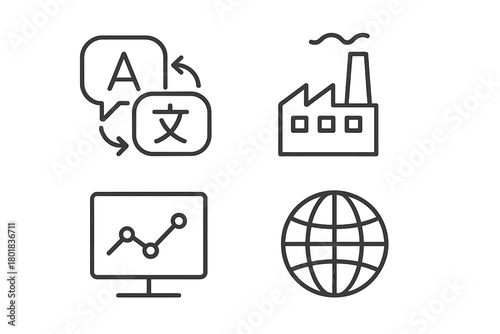 Global communication, manufacturing, data analysis, and language translation themes