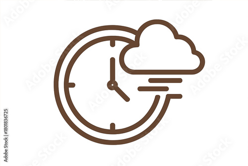 Brown line drawing showing clock and cloud with rain for weather scheduling