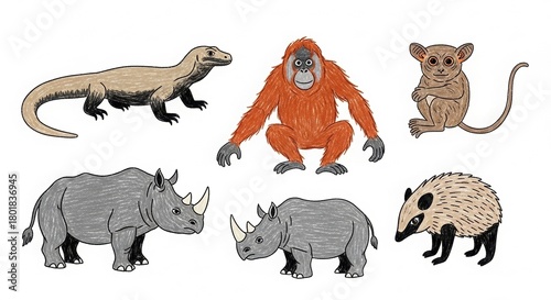 Hand-Drawn Endangered Animals Illustration: Komodo Dragon, Orangutan, Tarsier, Rhinoceros, and Sunda Porcupine
