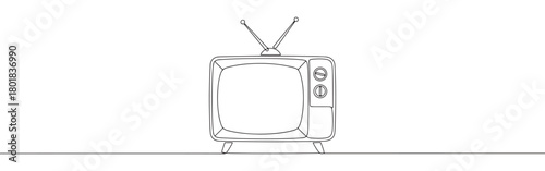 Continuous one line drawing of a retro television set with antennas. Concept of vintage electronics