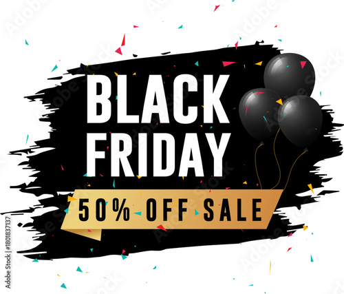 Black friday fifty percent off sale with balloons isolated on