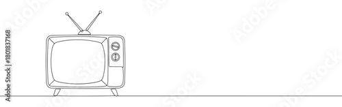 Continuous one line drawing of a retro television set with antennas. Concept of vintage electronics