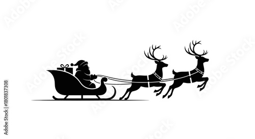 A black silhouette of Santa Claus in his sleigh pulled by two flying reindeer, depicting a festive Christmas scene.