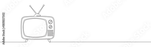 Continuous one line drawing of a retro television set with antennas. Concept of vintage electronics