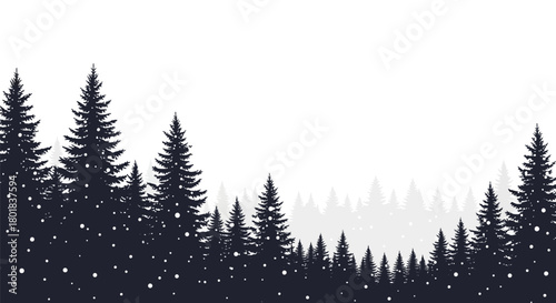 Winter forest landscape with dark pine tree silhouettes and falling snow against a white sky.