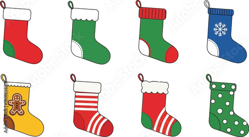 Colorful christmas stockings isolated on white background, holiday decoration