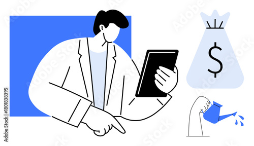 Man using tablet pointing at data, accompanied by a money bag and hand pouring. Ideal for finance education, budgeting, digital investments, fintech, business strategy, analytics, economic growth