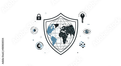 Global digital security shield protecting the earth with digital icons and symbols of protection