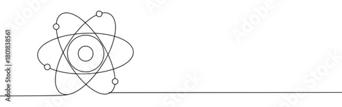 Continuous one line drawing of an atom model with electrons orbiting the nucleus. Concept of science and physics