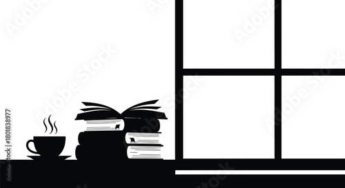 Cozy scene of steaming coffee cup and stack of books on windowsill with window frame in background