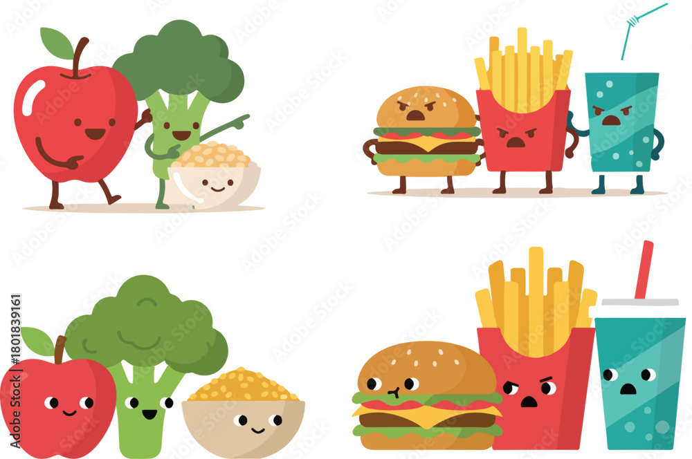Fototapeta premium Healthy Food Characters Arguing With Junk Food Cartoon Flat Vector Illustration