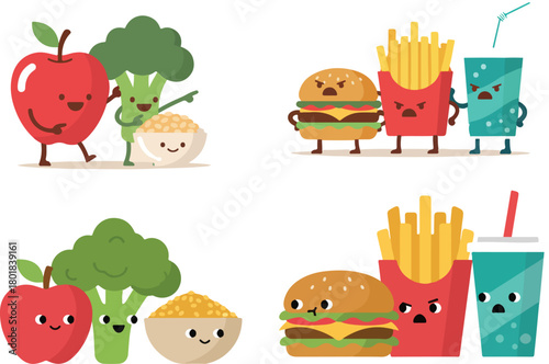 Healthy Food Characters Arguing With Junk Food Cartoon Flat Vector Illustration