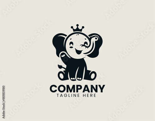 Happy baby king elephant smiles proudly creating charming black vector logo