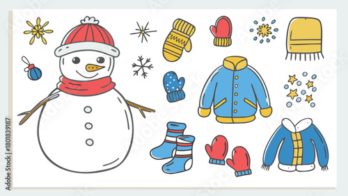 Charming illustration of a happy snowman wearing red mittens ready for a cozy winter day perfect for holiday and seasonal designs