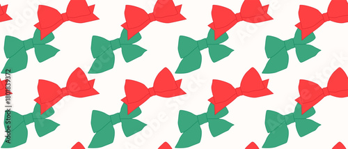 Christmas seamless pattern with decorative green, red ribbon bows, hand drawn element, flat bow silhouette on transparent background for wallpaper, banner, fabric. Vector EPS10