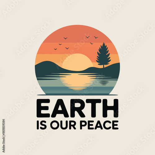 Earth is our peace illustration with sunset and lake view