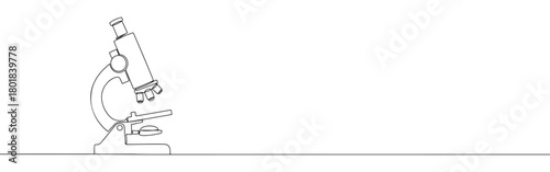 Continuous one line drawing of a scientific microscope. Concept of scientific research, biology, and chemistry