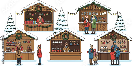 Christmas market with wooden stalls and people shopping