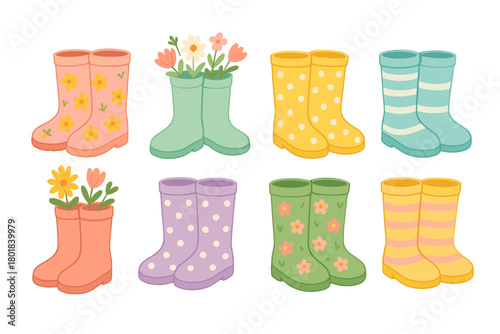 Spring footwear icon set. Flower boots vector set. Colorful rubber boots decorated with flowers and floral patterns. Spring gardening vector illustration.