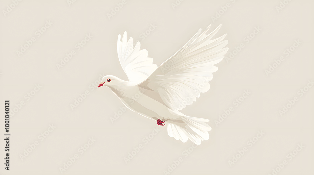 Obraz premium Soaring Serenity: A pristine white dove gracefully takes flight, its wings outstretched in a symbol of peace and freedom against the bright sky.