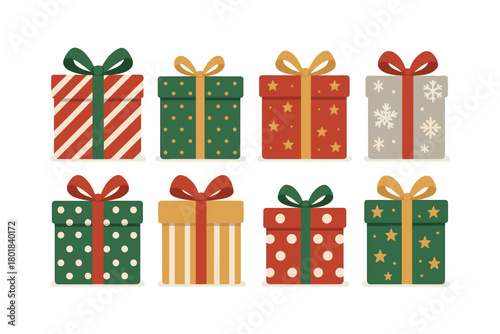 Gift box icon set. Gift box vector set. Wrapped Christmas gift box collection with bows and holiday patterns. Design for card, banner, invitation, poster, sticker.