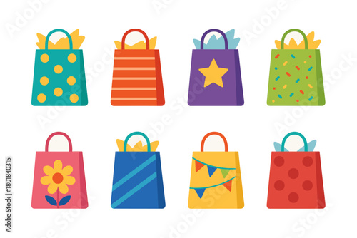 Gift bag icon set. Gift bag vector set. Collection of colorful gift bag illustrations with various patterns and decorations. Design for card, banner, invitation, poster, sticker.
