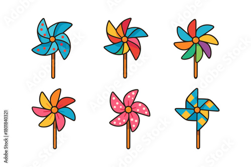 Pinwheel icon set. Pinwheel vector set. Collection of multicolored pinwheel toys with different petal shapes. Design for card, invitation, banner, sticker, print.