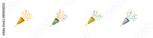 Party popper icon set. Party popper vector set. Exploding party poppers with confetti in four colorful designs. Design for greeting card, banner, invitation, poster, sticker.