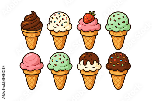 Ice cream icon set. Ice cream vector set. Collection of cartoon ice cream cones with different flavors and toppings. Design for poster, card, invitation, sticker, banner.