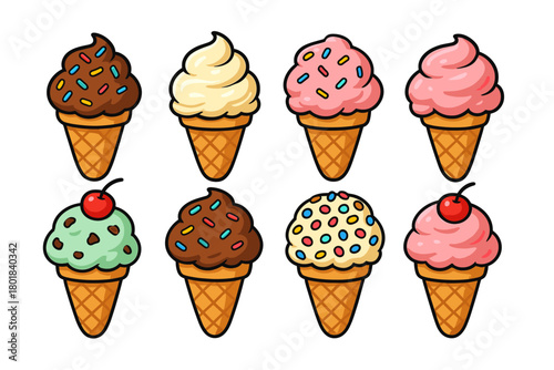 Ice cream icon set. Ice cream vector set. Collection of cartoon ice cream cones with different flavors and toppings. Design for poster, card, invitation, sticker, banner.