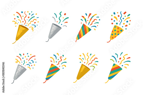 Party popper icon set. Party popper vector set. Exploding party poppers with confetti in four colorful designs. Design for greeting card, banner, invitation, poster, sticker.