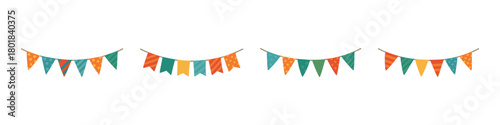 Birthday bunting icon set. Birthday bunting vector set. Hanging flags and triangle garlands in festive colors. Design for banner, card, invitation, poster, sticker.