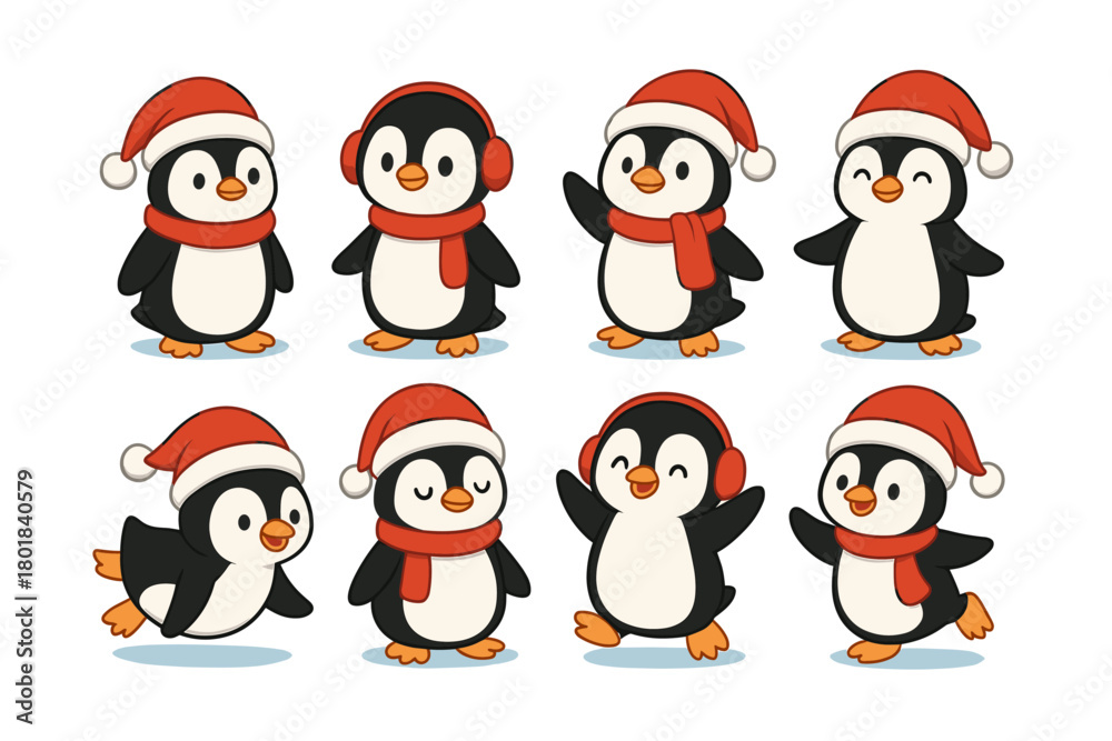 Fototapeta premium Penguin icon set. Penguin vector set. Christmas penguin characters with Santa hats and scarves. Design for card, sticker, invitation, banner, poster. Winter holiday.