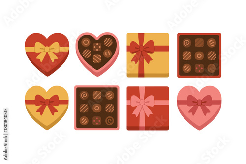 Chocolate box icon set. Chocolate box vector set. Heart and square chocolate gift box collection for Valentine’s Day. Design for card, invitation, banner, poster, sticker.