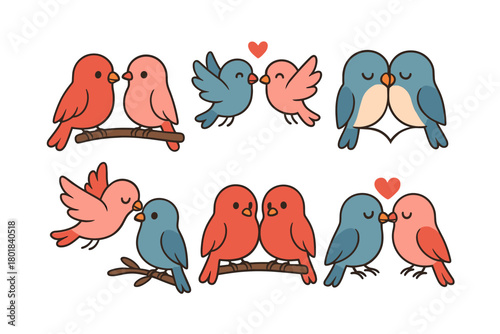 Love bird icon set. Love bird vector set. Cartoon love bird couple illustrations in pink, red and blue. Design for card, poster, invitation, sticker, banner.