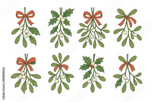 Mistletoe icon set. Mistletoe vector set. Christmas mistletoe and holly with red bows and berries. Design for card, banner, invitation, sticker, poster. Winter holiday.