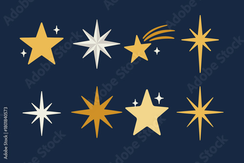 Star icon set. Star vector set. Collection of gold and white star shapes including shining and shooting stars. Design for card, banner, poster, invitation, sticker.