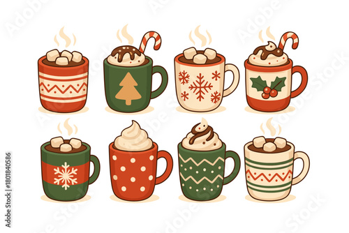 Christmas mug icon set. Christmas mug vector set. Collection of holiday mugs with cocoa, marshmallows and whipped cream. Design for card, sticker, invitation, poster, banner.