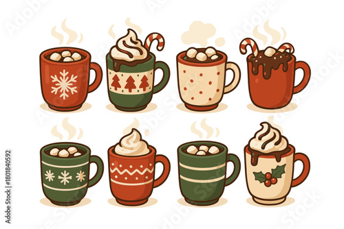 Christmas mug icon set. Christmas mug vector set. Collection of holiday mugs with cocoa, marshmallows and whipped cream. Design for card, sticker, invitation, poster, banner.