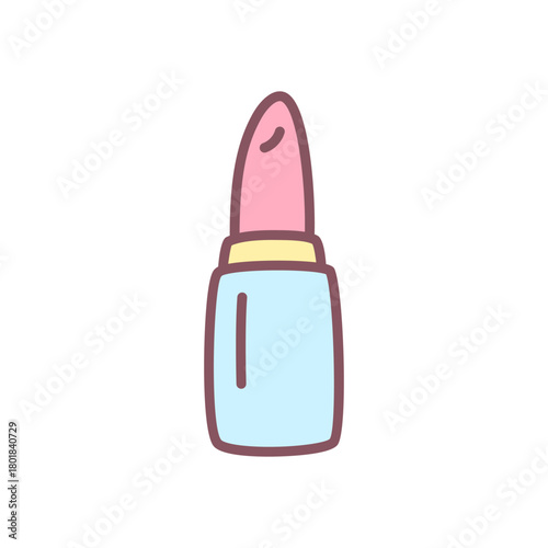 Cute lipstick icon. Doodle pastel illustration of lipstick in soft pink and blue tones. Kawaii sticker. Vector 10 EPS.