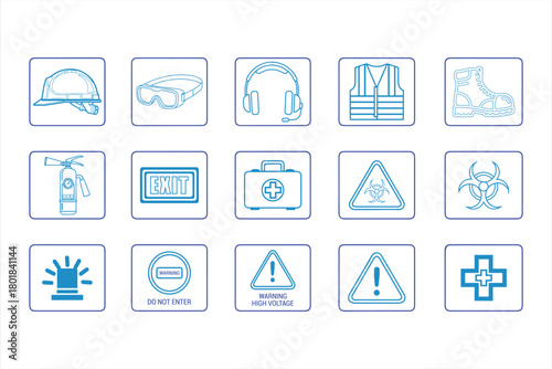 A detailed collection of safety icons representing workplace protection, emergency procedures, and regulatory compliance.