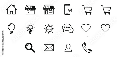 Collection of hand drawn doodle icons representing online shopping and business concepts