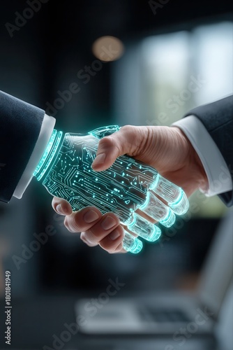 Executive handshake with glowing transparent robotic partner