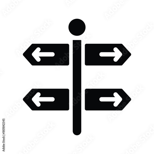 Signpost with direction arrows shows the way forward and backward on white background